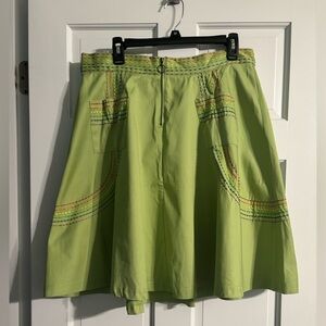 Unique Vintage Green A-Line Skirt with Rainbow Stitching
